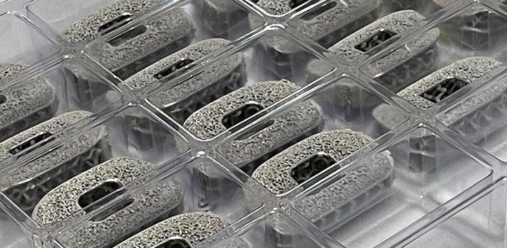 3D printed spinal implants in a plastic tray